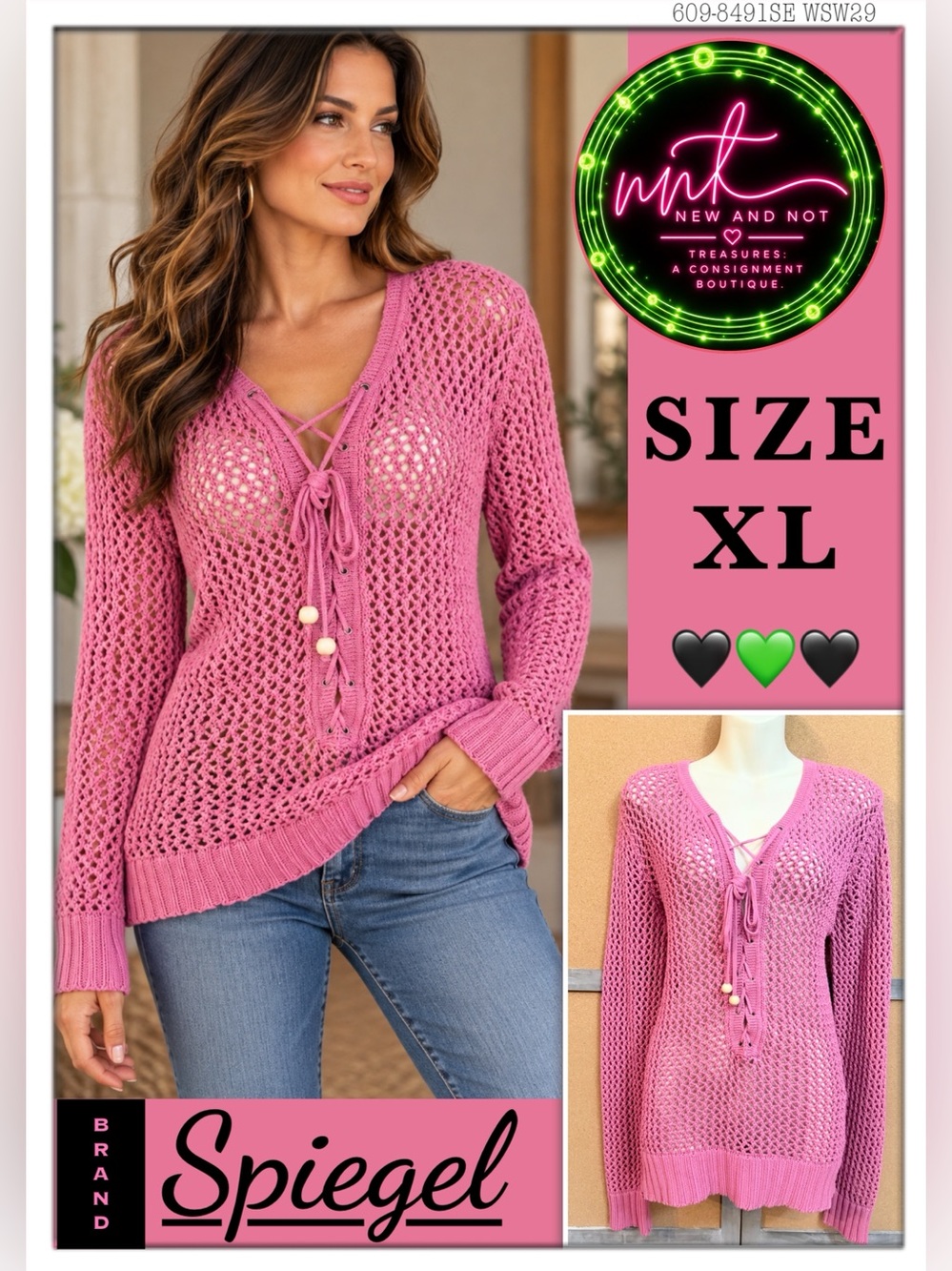 Spiegel Pink Open Knit Crochet Lace Up Sweater XL Boho Coastal Pullover